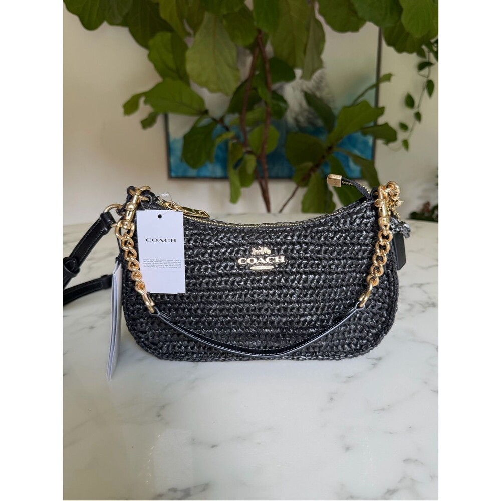 NWT Coach Teri Shoulder Crossbody Bag In Woven Straw & Leather Gold Black CBI17